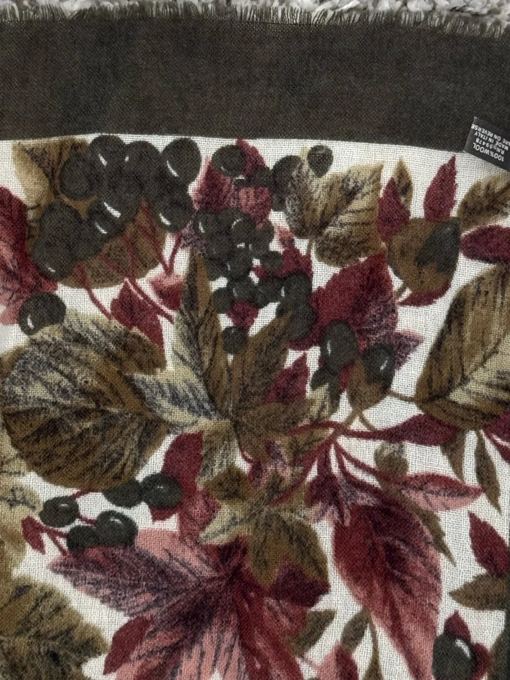 Vintage 90s Y2K Italian 100% Wool Floral Scarf Autumn Botanical Olive Lightweigh